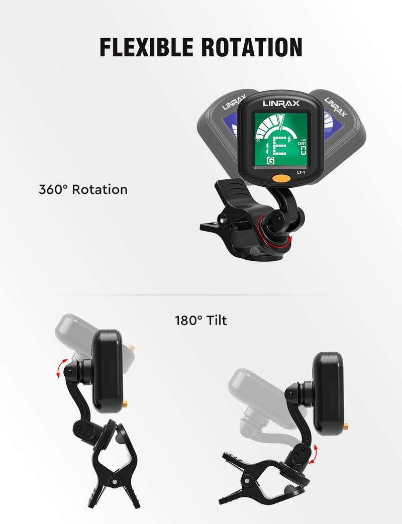 LINRAX LT-1 Guitar Tuner, Clip On Tuner for Guitar Bass Ukulele Violin Viola Banjo Mandolin, Chromatic Tuner with 360° LCD Display, Digital Tuner for Stringed Instruments, Guitar Accessories, Black - Image 4